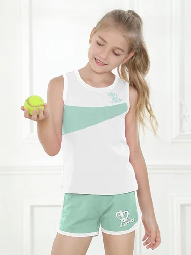 Vista 2 de Girls Shorts Sets Kids Summer 2 Piece Outfits Clothes Tennis Running Tank Top Shirts Dolphin Shorts