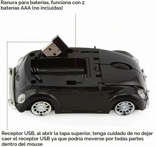 Vista 5 de VW Beetle Wireless Sports Car Shape Mouse Mouse Computadora Portátil PC Ratón óptico 2.4GHz Nano USB AAA Batería Energía Brillante Superficie LED