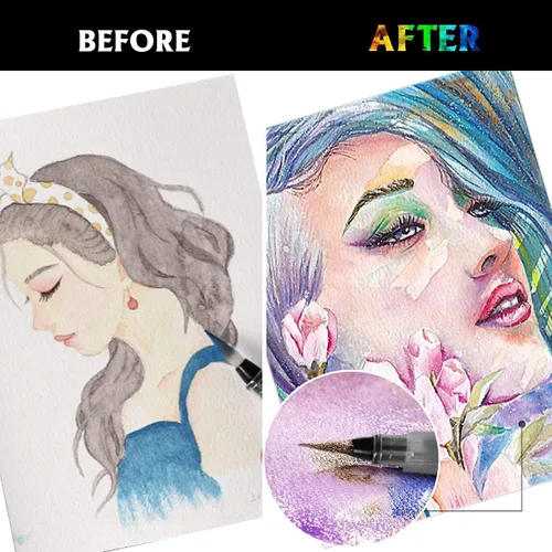 Vista 6 de Emooqi Juego de pinturas de acuarela, pintura sólida de acuarela con purpurina metálica, incluye 12 colores metálicos con purpurina, 2 pinceles