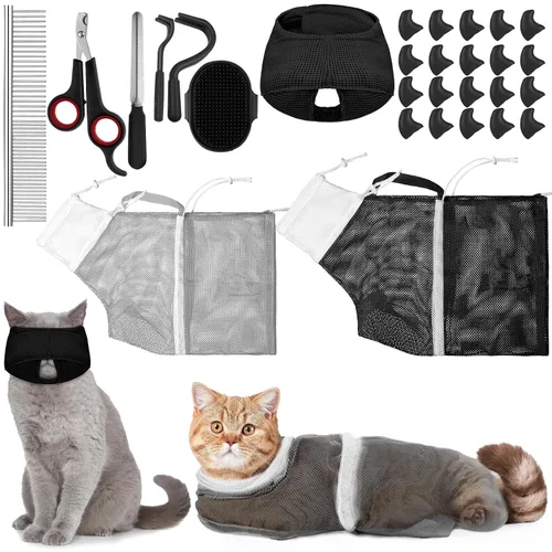 Vista 8 de Bolsa de baño para gatos, 10 piezas, kit de aseo para ducha de gato, verde y rosa