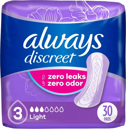 Vista 11 de Always Discreet - Toallas para incontinencia adulta para mujer, absorción ligera, longitud regular, toallas posparto, 30