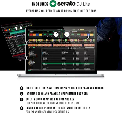 Vista 5 de Paquete de Controlador de DJ - Set de DJ con 4 Decks, Mezclador de DJ, Interfaz de Audio, Pantallas de Rueda Jog, FX y Auriculares de DJ - Numark