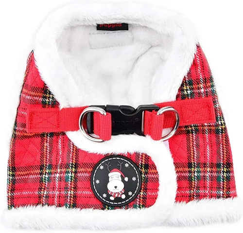Vista 6 de Puppia Blitzen - Arnés tipo chaleco para perro, arnés cálido para invierno y Navidad, para perros pequeños y medianos, rojo a cuadros, talla S