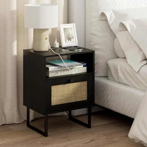 Vista 13 de Masupu Mesita de noche extra grande de ratán, mesita de noche boho moderna de estilo granja con cajón de almacenamiento y estante abierto, mesa