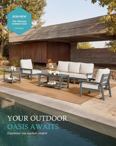 Vista 6 de Ciokea Juego modular de conversación al aire libre, 7 muebles de patio Marco gris/cojín beige