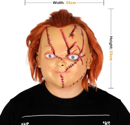 Vista 2 de Máscara Chucky espeluznante de látex de cabeza completa con pelo realista máscara de cosplay máscara de Halloween mata para adultos y niños