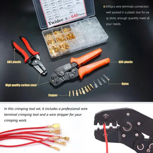 Vista 4 de Twidec/640 piezas 2.8/4.8/6.3mm Conectores de Terminal de Pala de Alambre Macho y Hembra de Empalme Rápido Kit Dorado con Alicates de Prensado