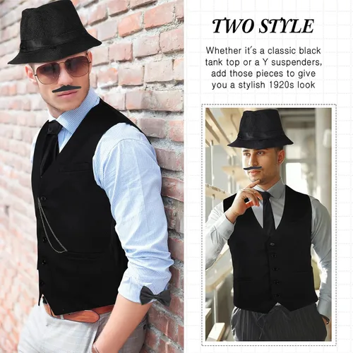 Vista 4 de Disfraz de los años 20 para hombre, atuendo con accesorios, chaleco de gángster de Gatsby, sombrero de fieltro, reloj de bolsillo vintage, tirantes