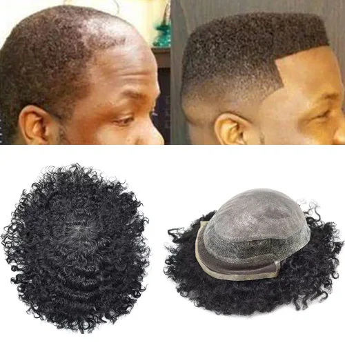 Vista 7 de Unidad rizada afro para hombres negros, afroamericano brasileño tupé para hombres, piezas de cabello para hombre, sistema de reemplazo de tupé