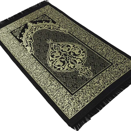 Vista 6 de Modefa Alfombra de oración de chenilla tejida musulmana, otomana negra + azul Felpa fina y tafetán turco intrincada metalizado otomano otomano