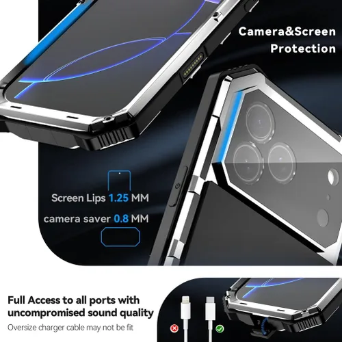 Vista 5 de Metal Case for iPhone 17 Pro Max/17 Pro/Air/17, Heavy Duty Screen Protector Cover with Kickstand Military Shock Protection Shell,Silver,17 Plateado