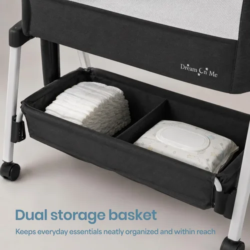 Vista 5 de Dream On Me Calypso - Cuna portátil plegable, color negro 7-Level Height Adjustable with Lockable Wheels, Aluminum Frame, Dual-Zone Storage Basket