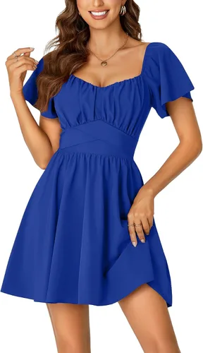 Vista 21 de Rooscier Minivestido acampanado de manga corta con volantes, cuello cuadrado, envolvente y espalda anudada para mujer