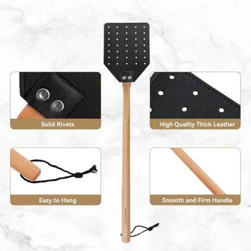 Vista 3 de Matamoscas resistente con mango de madera, matamoscas (19.7 pulgadas) con cuerda para colgar, para interiores y exteriores, matamoscas de cuero