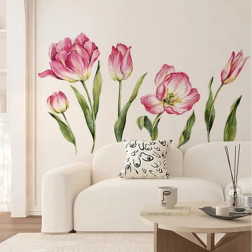 Vista 6 de 2 hojas de calcomanías de pared de flores rosas grandes, tulipán, flores, flores, jardín, hojas verdes, plantas, vinilo, bricolaje, decoración