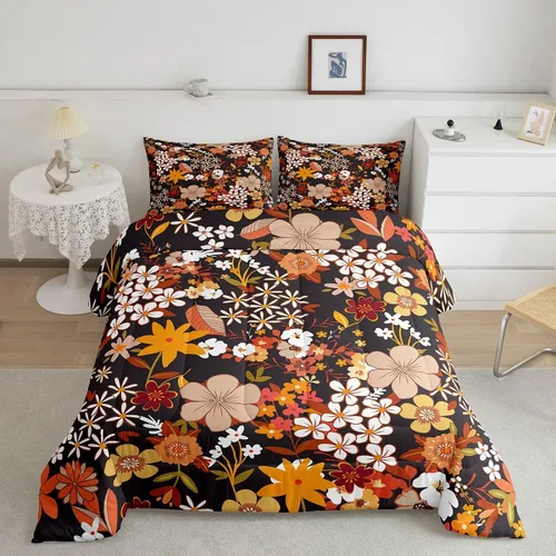 Vista 26 de Juego de ropa de cama con estampado floral bohemio, tamaño individual, diseño retro de flores groovy, 60S y 70S, juego de edredón de flores hippie