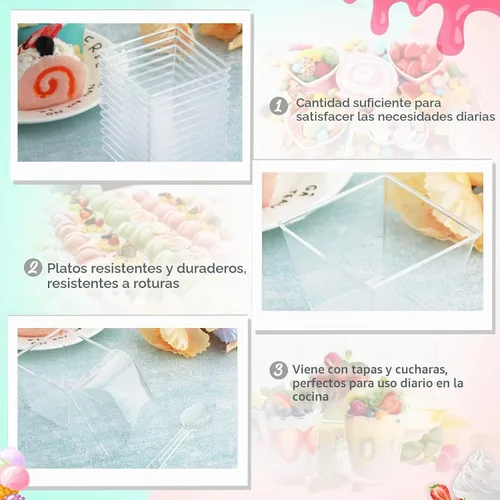 Vista 4 de Mimorou - 450 tazas de postre de 3 onzas con tapas y cucharas cuadradas Recipientes transparentes de parfait para pudín, yogur, helado, golosinas