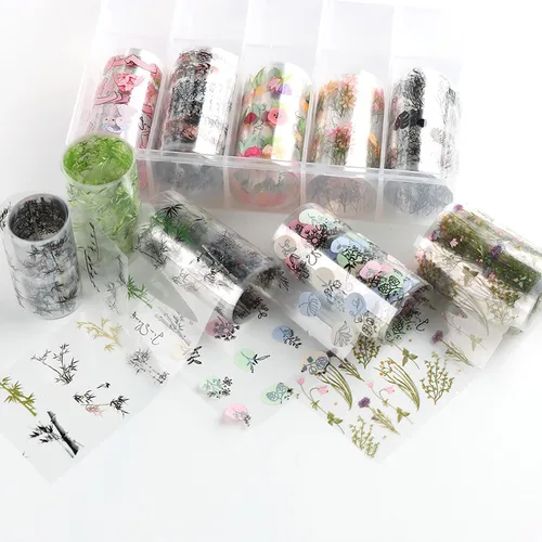 Vista 5 de Kit de 10 rollos de calcomanías de transferencia de papel de aluminio para uñas, diseño de pintura de tinta de bambú, láminas de papel de aluminio
