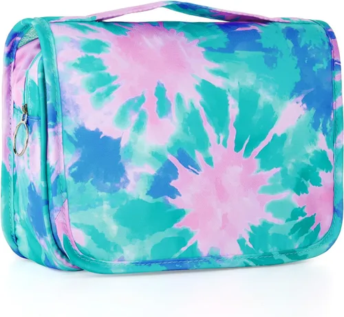 Vista 22 de Bolsa de aseo colgante de tie dye para niñas, bolsa de aseo de viaje para adolescentes, impermeable, para maquillaje y artículos de tocador, bolsa
