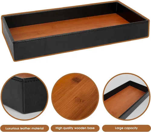 Vista 5 de JACKCUBE - Bandeja de cuero de bambú para hombres, atrapa todas las bandejas para llaves, teléfono, cartera, monedas, lentes de sol, almacenamiento