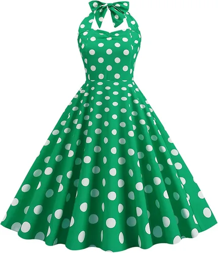 Vista 2 de Vestido retro Rockabilly Audrey Hepburn de los años 1950 para mujer, vestido de fiesta de cóctel y té con lunares halter de los años 50 y 60