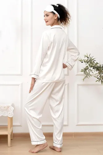Vista 2 de Conjunto de pijama para mujer, pijama de satén de seda, pijama largo de 2 piezas, con botones, conjunto de pijama para descansar
