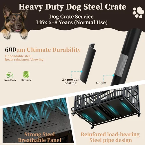 Vista 3 de EasyCom Jaula de perro indestructible de alta resistencia XL XXL de 48 pulgadas, a prueba de escape, con parte superior abierta, ruedas bloqueables