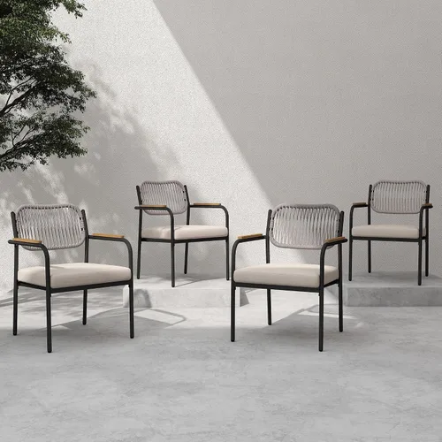 Vista 11 de Juego de 2 sillas de comedor para exteriores, sillas de comedor de mimbre para patio con cojines extraíbles, silla de mesa rectangular para patio