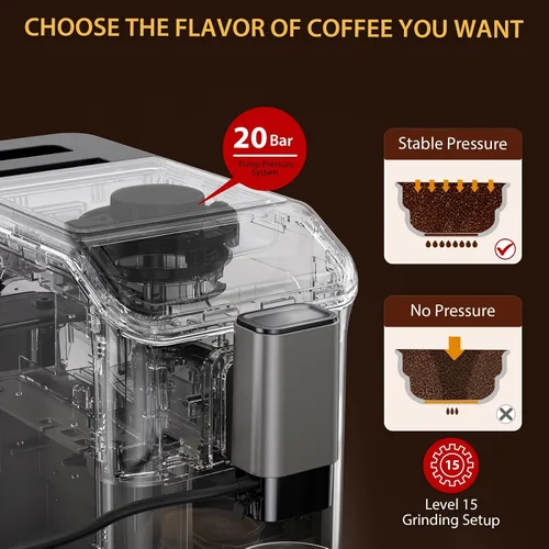 Vista 3 de Garvee Máquina de café expreso totalmente automática con molinillo integrado y espumador de leche, cafetera para 4 bebidas y café con leche