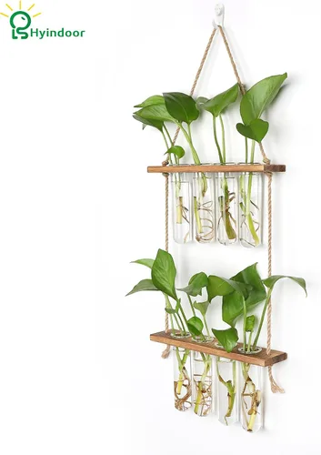 Vista 2 de Hyindoor Maceta Colgante de Pared Terrario Jarrón de Vidrio de 2 Niveles con Tubos de Ensayo, Estación de Propagación de Plantas, Colgadores