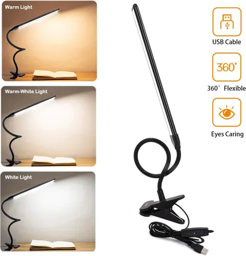Vista 2 de Lámpara con abrazadera, luz de clip, lámparas de escritorio, 3 ajustes de temperatura de color, 10 niveles de brillo, cable USB de 6.6 ft