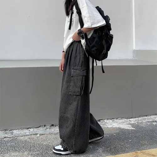 Vista 5 de Y2K - Pantalones de mezclilla holgados Emo Cyber Cargo Grunge Vintage Demin Ropa estética Hiphop Jogger Pantalones deportivos góticos Streetwear