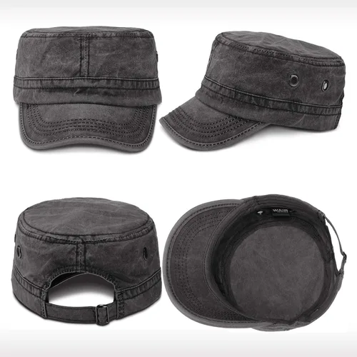 Vista 15 de Geyoga 3 unidades Cadet Army - Gorras de algodón lavado militar para tapas planas ajustables estilo militar sombrero unisex