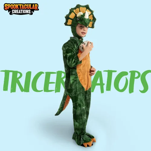 Vista 2 de Spooktacular Creations Disfraz de triceratops verde para niños, overol de dinosaurio realista con huevo para niños, fiesta de disfraces de Halloween