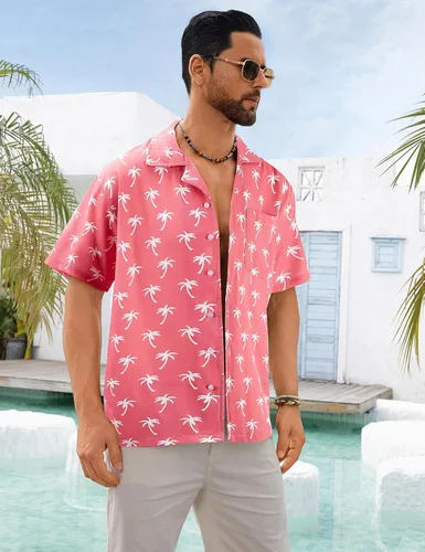 Vista 4 de BOJIN Camisas hawaianas de manga corta con botones para hombre, camisas casuales de verano, estampado floral tropical, camisas de playa Aloha