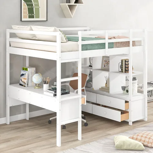 Vista 25 de Cama loft de madera tamaño matrimonial con escritorio en forma de U y espejo de tres pliegues, base de cama tipo loft multifunción con Espresso-10.16