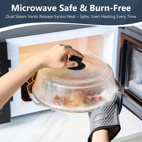 Vista 4 de Tapa protectora contra salpicaduras de microondas de vidrio para platos de comida y utensilios de cocina con guantes para horno, tapa protectora