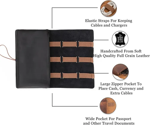 Vista 3 de HARDISTON Organizador de cables electrónicos de cuero genuino personalizado, organizador de cables de viaje hecho a mano, estuche organizador