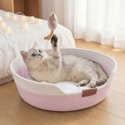 Vista 9 de YOUDENOVA Stimulicat - Cama tejida a mano para gatos con cojín Marrón y blanco