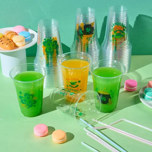 Vista 8 de JOYIN 72 vasos de plástico de 16 onzas para el día de San Patricio, vasos desechables verdes a granel con 4 patrones de caldero de trébol