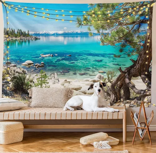 Vista 8 de Ambesonne Tapiz de naturaleza, reflejo de montaña nevada del lago Tahoe, vista de la costa rocosa de agua clara, decoración de tela para colgar