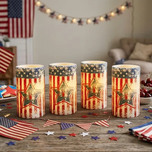 Vista 4 de Velas patrióticas del 4 de julio operadas por batería con temporizador y control remoto para decoraciones del Día de la Independencia Americana