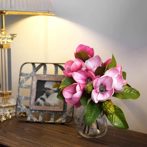 Vista 2 de FiveSeasonStuff Arreglo de flores artificiales de magnolia rosa polvoriento, con 4 tallos, ramo de damas de honor de boda, despedidas de soltera