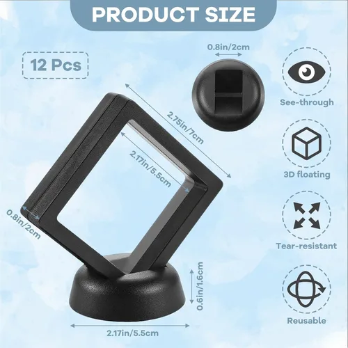 Vista 2 de 12 piezas de vitrina flotante 3D de 2.7 pulgadas, color negro, caja de almacenamiento de joyería de película transparente, soporte de marco