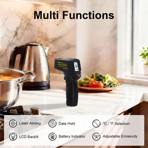 Vista 2 de KETOTEK Termómetro infrarrojo sin contacto IR pistola de temperatura láser digital -50℃～600℃ (-58℉～1112℉) Termómetro de emisividad ajustable