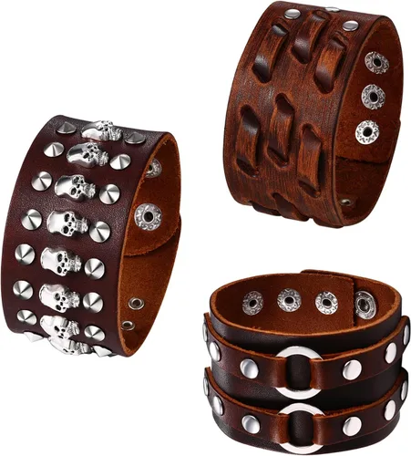 Vista 9 de OIDEA Assorted 3pcs Mens Punk Multistrand Leather Braided Bangle Cuff Bracelet for Biker Dad Father Size Adjustable
