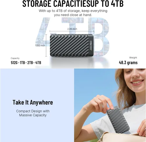 Vista 5 de SSD portátil de 2TB – Unidad de estado sólido externa USB 3.2 Gen 2x2, hasta 2000MB/s, USB-C dual y USB-A, compatible con smartphones, laptops