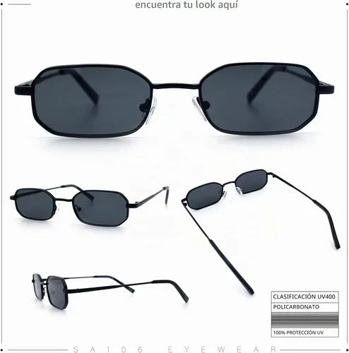 Vista 2 de SA106 Gafas de sol rectangulares hippie con borde de metal estrecho para hombre Marco negro - Lente negra