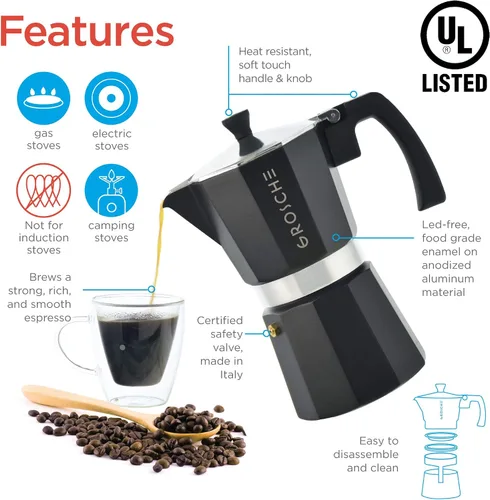 Vista 3 de GROSCHE Milano - Cafetera Moka para estufa, olla de expreso para 3 tazas de café, 5 oz, color negro - Cafetera cubana para estufa, cafetera Moka