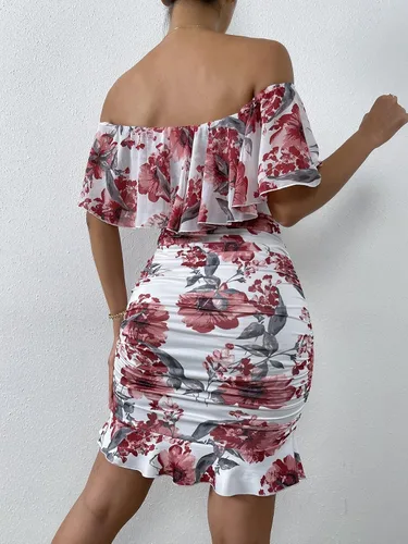 Vista 2 de Vestidos para mujer, vestidos para mujer, vestidos con estampado floral, hombros descubiertos, ribete con volantes, vestidos ajustados